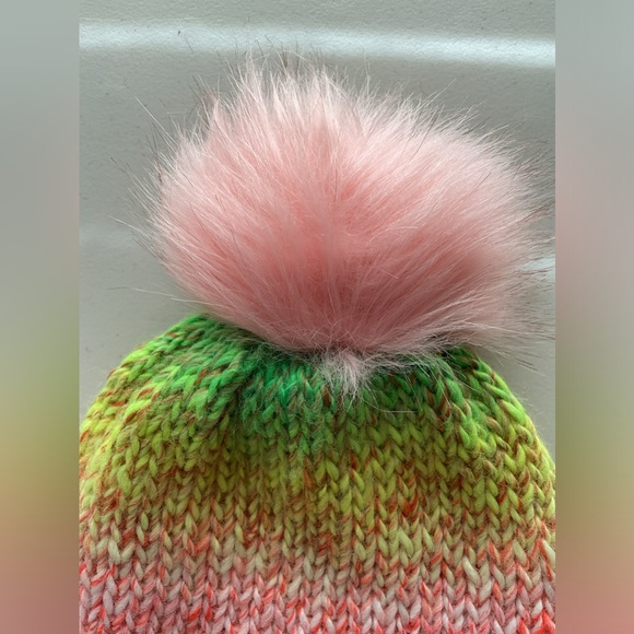 NWT Beanie w/Brim and PomPom, Green, Yellow, Pink, Double Fabric, Teen/Sm Adult - Picture 5 of 9